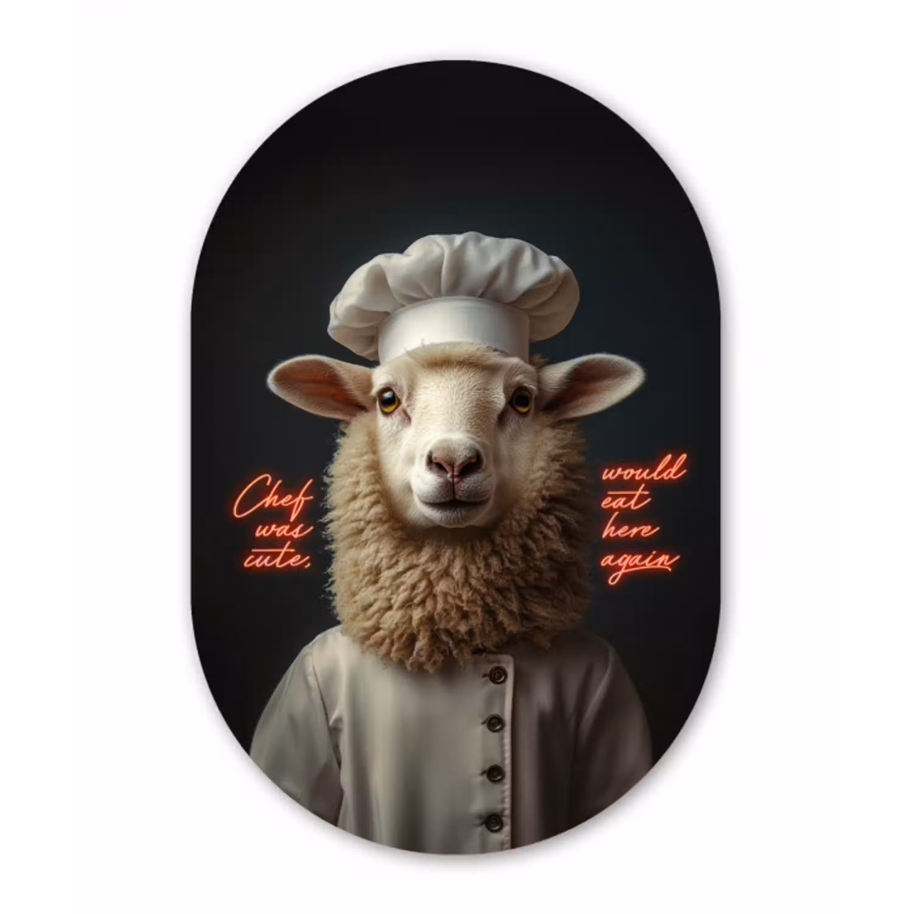 Schaap - Kokskleding - Neon - Quote Wandcirkel Ovaal Glas middel -3d