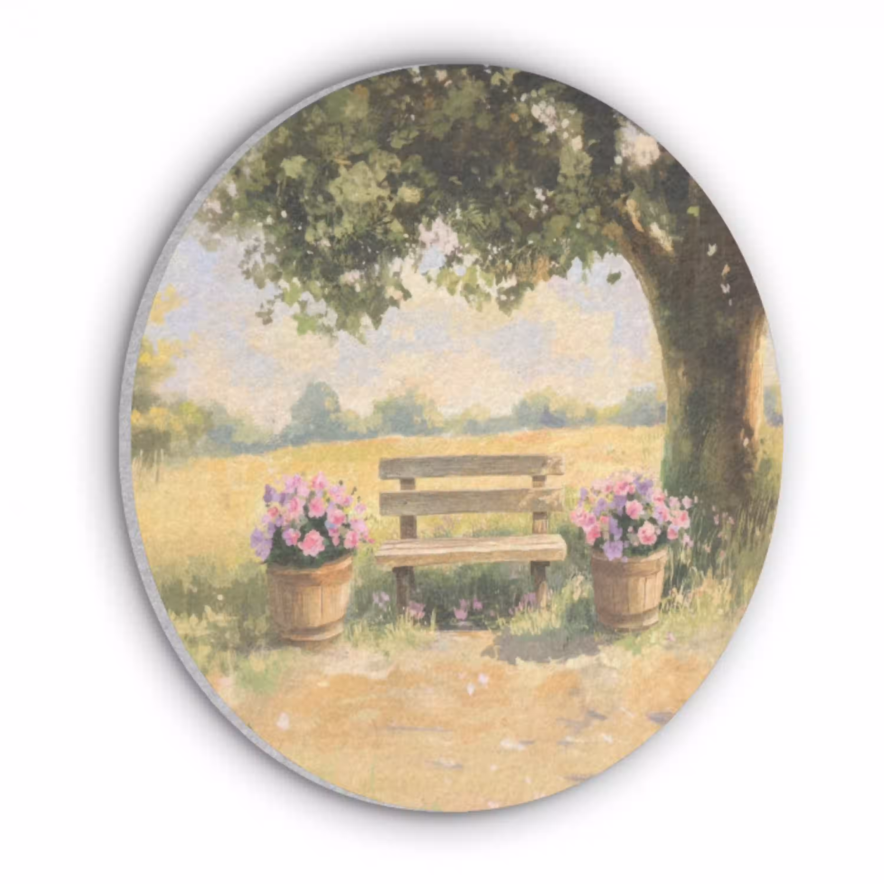 Houten bankje - Bloempotten - Landschap Akoestische PET Vilt - Rond klein -3d