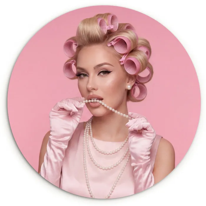 Vrouw - Roze - Parelketting - Krulspelden Wandcirkel kunststof plaat 5mm dik klein -3d