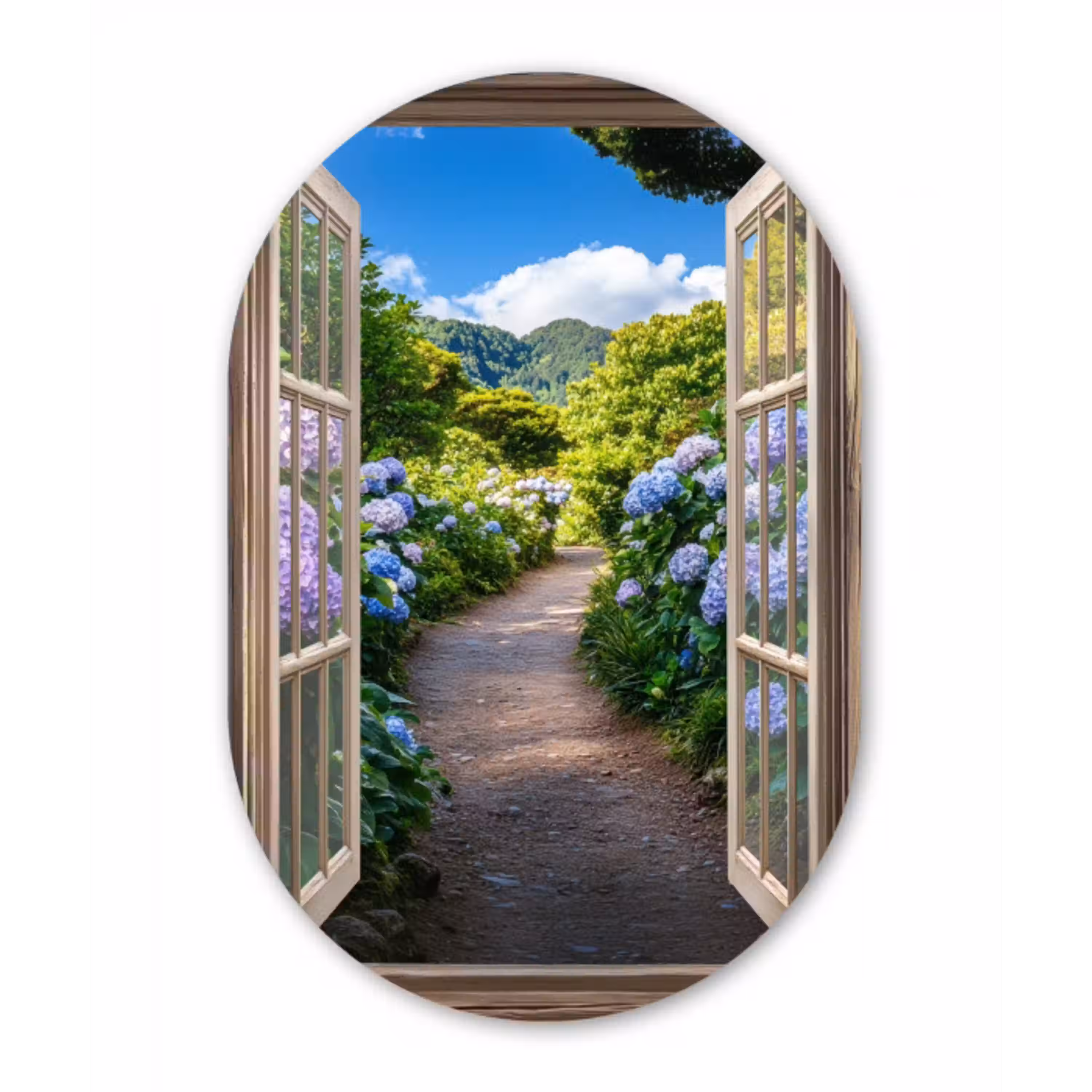 Doorkijk - Hortensia - Pad - Natuur Wandcirkel Ovaal Glas middel -3d