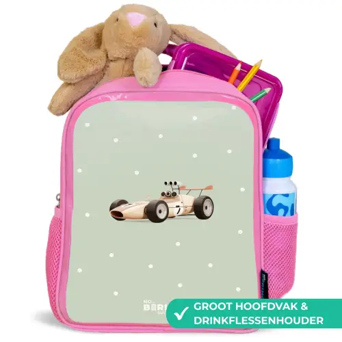 Beige retro raceauto op groene stippen achtergrond Kinderrugzak - Roze middel -inhoud_NL