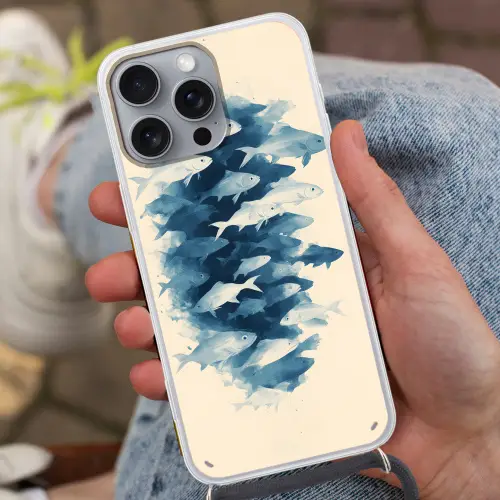 Vissen - Minimalistisch - Blauw Hoesje iPhone 16 Pro Max met koord klein -sfeer3