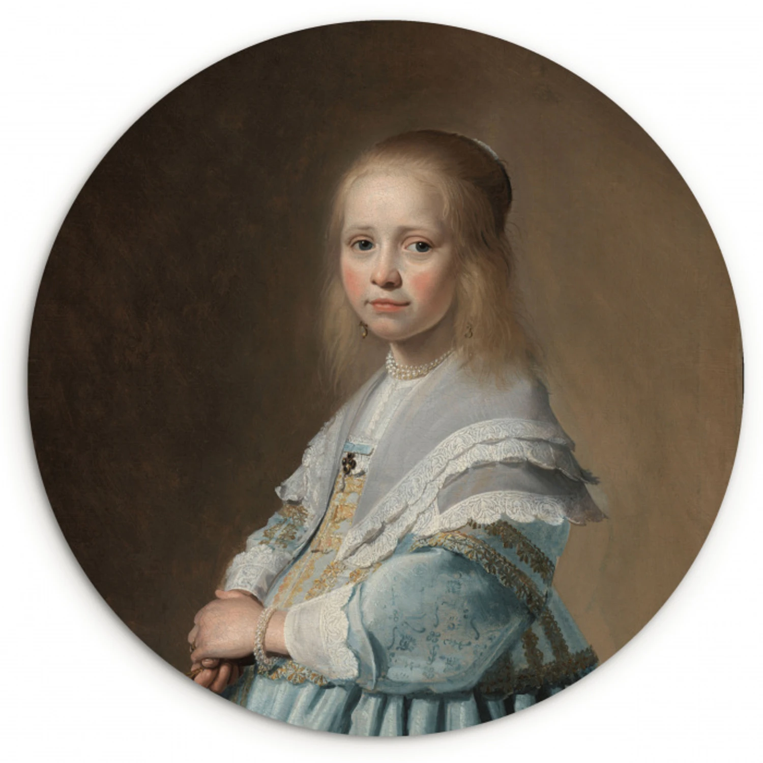 Portret van een meisje in het blauw - Schilderij van Johannes Cornelisz. Verspronck Wandcirkel kunststof plaat 5mm dik klein -3d