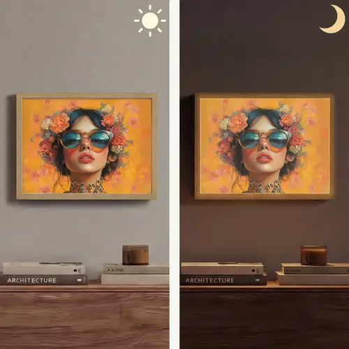 Vrouw - Bloemen - Aesthetic - Oranje Light Box met batterij (Wandlamp) middel -sfeer3