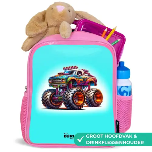 Monstertruck op Lichtblauwe Achtergrond Kinderrugzak - Roze middel -inhoud_NL