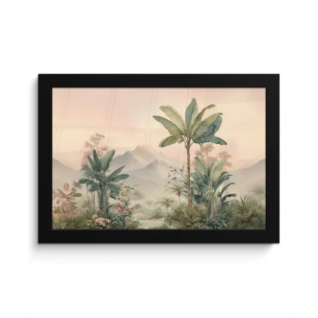 Tropisch landschap - palmbomen - Bloemen - Roze lucht fotolijst zwart zonder passe partout klein -3d