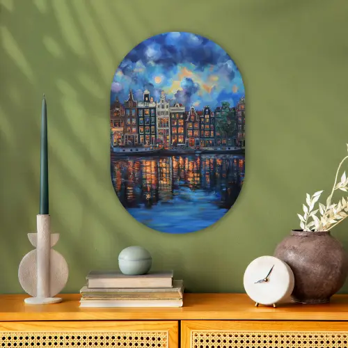 Grachten Amsterdam - Huizen - Stad - Kleurrijk Wandcirkel Ovaal Forex klein -sfeer2
