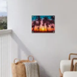 Palmboom - Zonsondergang - Horizon - Strand - Oranje - Roze tuinposter los doek klein -sfeer8