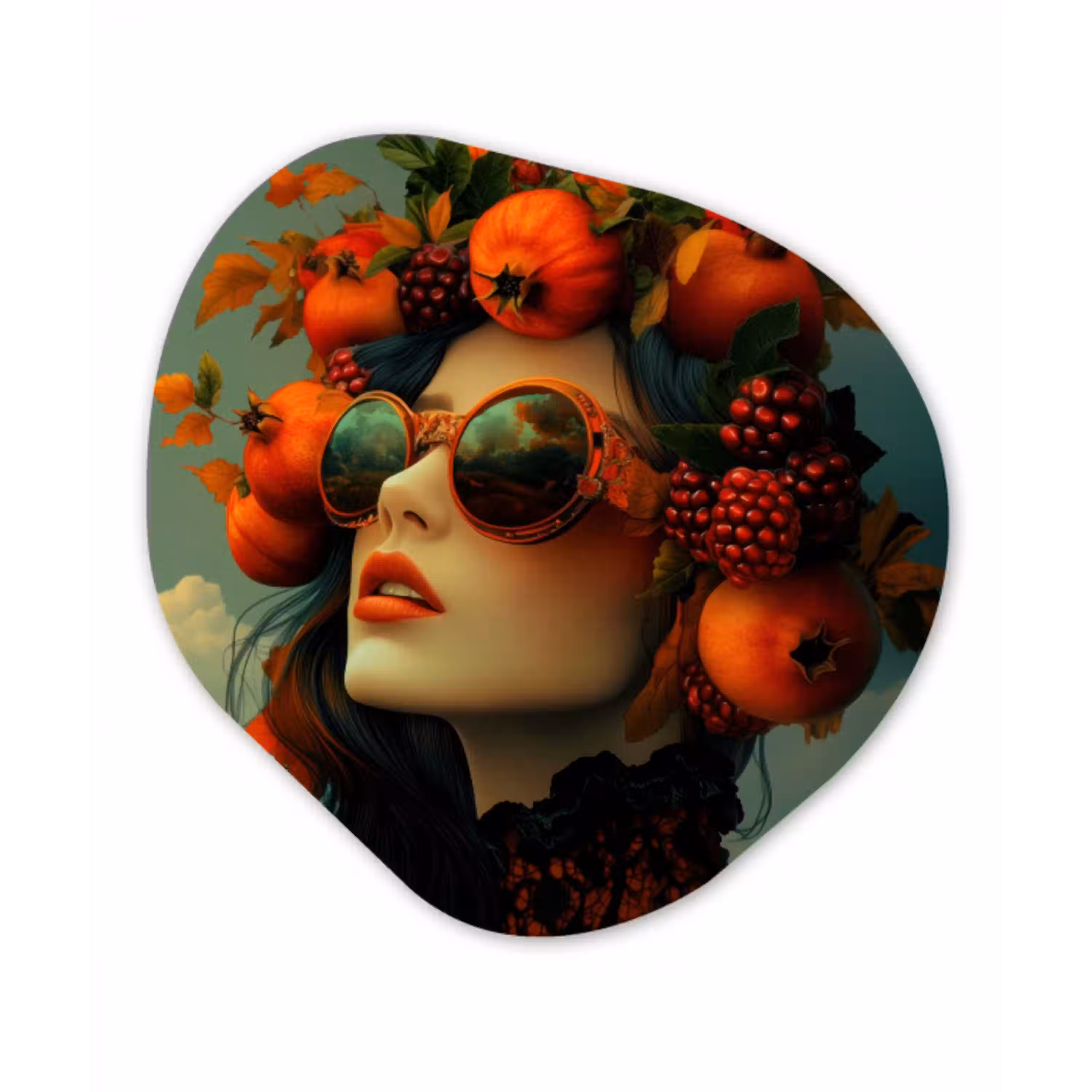 Vrouw - Granaatappel - Herfst - Zonnebril Wandcirkel Organisch Plexiglas middel -3d