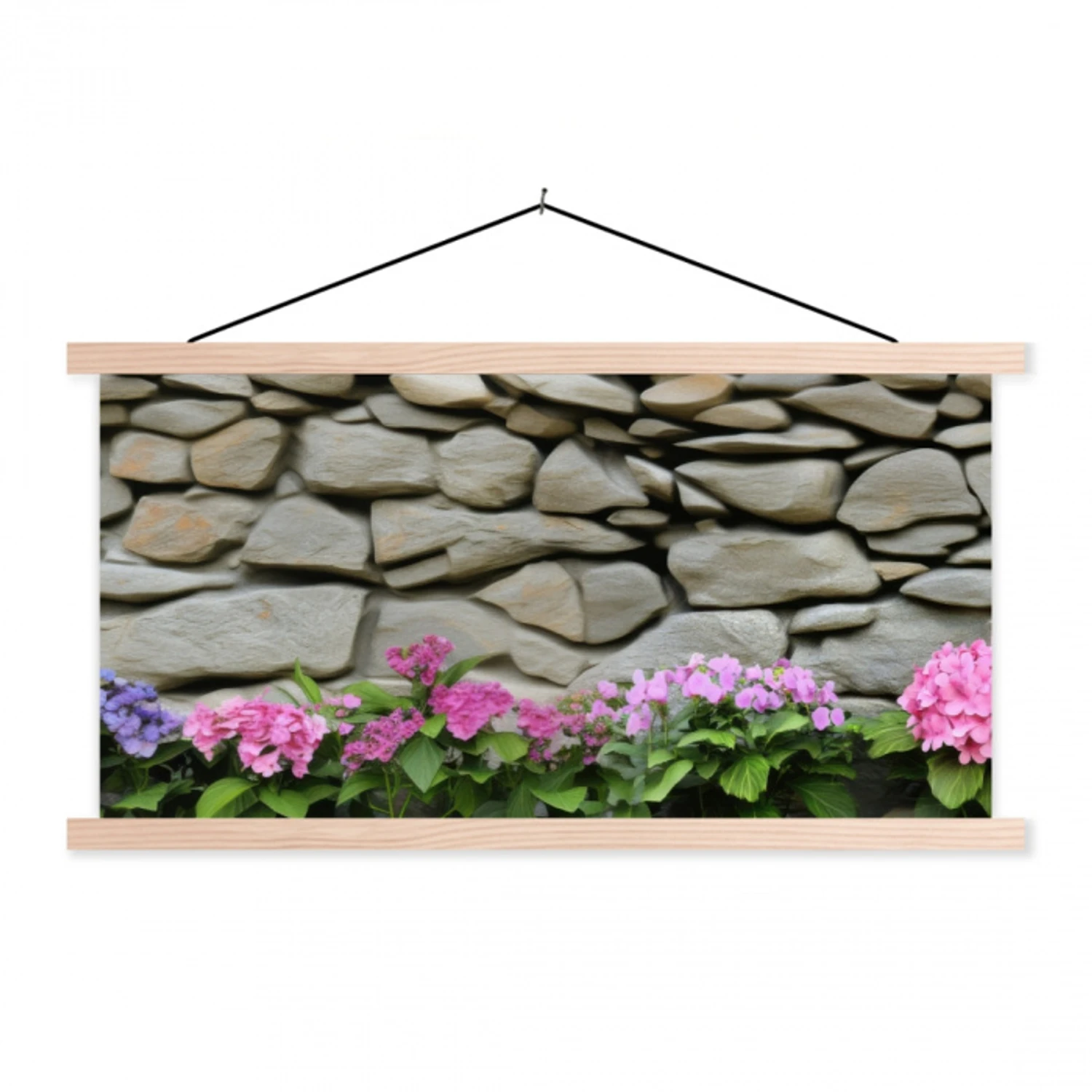 Hortensia’s - Stenen - Muur - Bloemen textielposter latten blank klein -3d