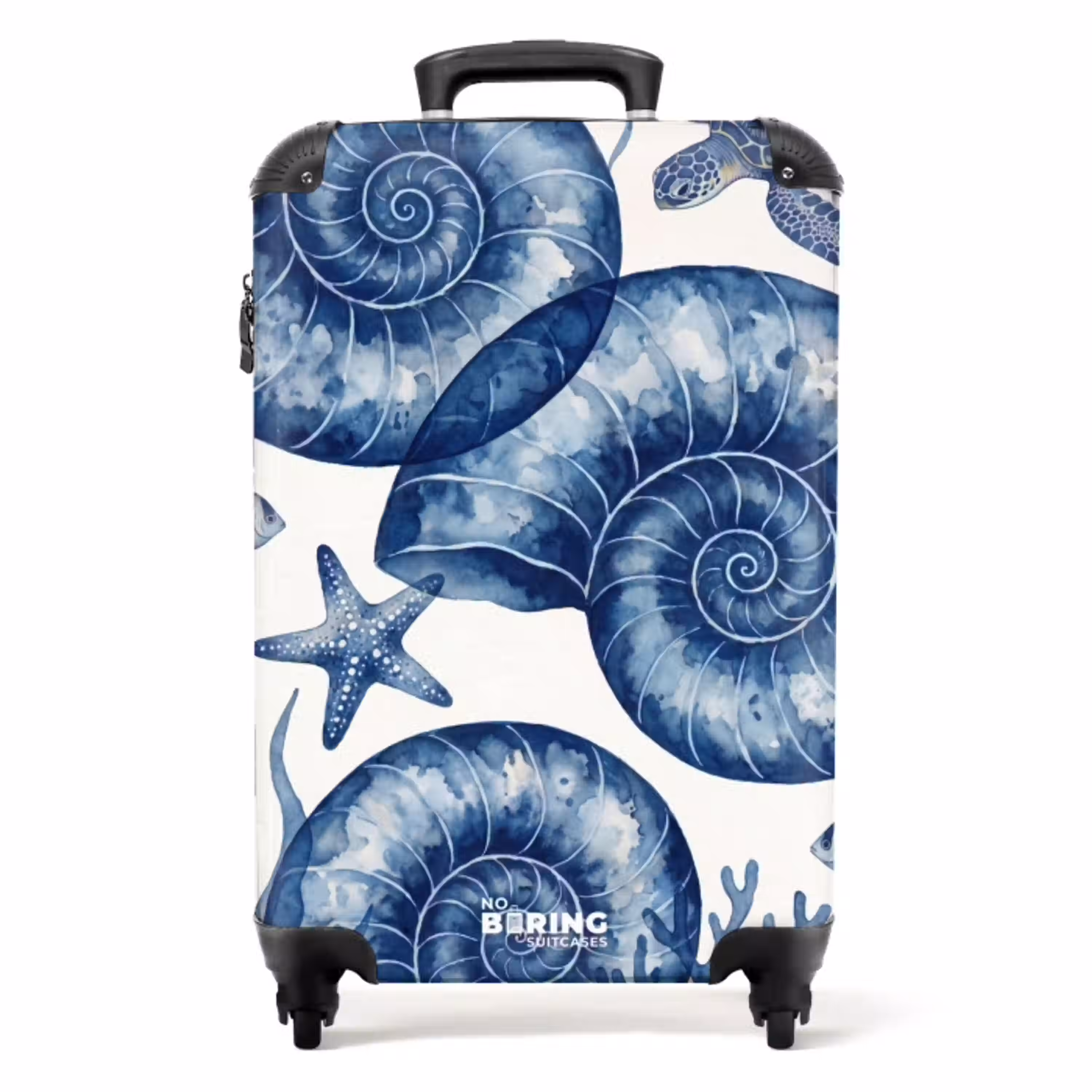 Schelp - Spiraal - Zeeleven - Aquarel - Blauw NBS - Handbagage koffer - Volwassenen Unisex middel -productfoto_recht