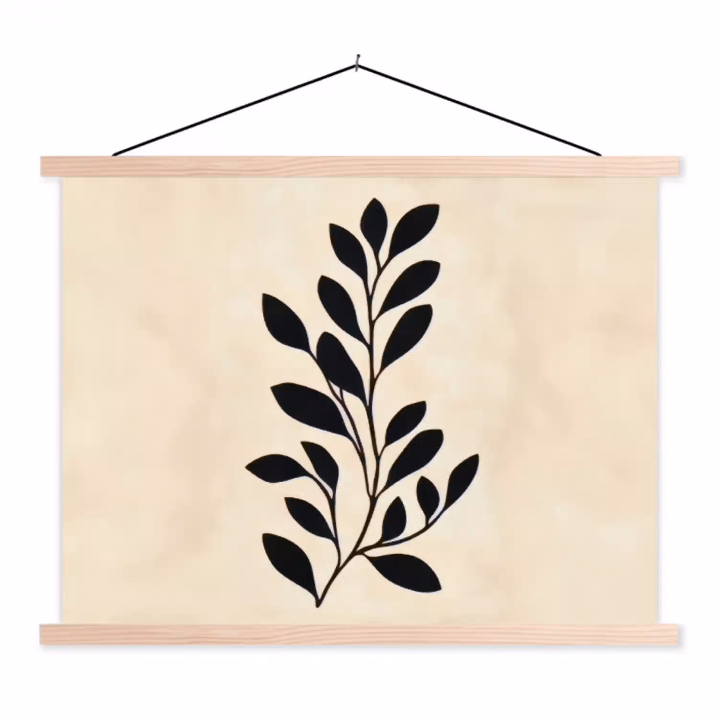 Minimalistisch - Tak - Bladeren - Zwart textielposter latten blank klein -3d