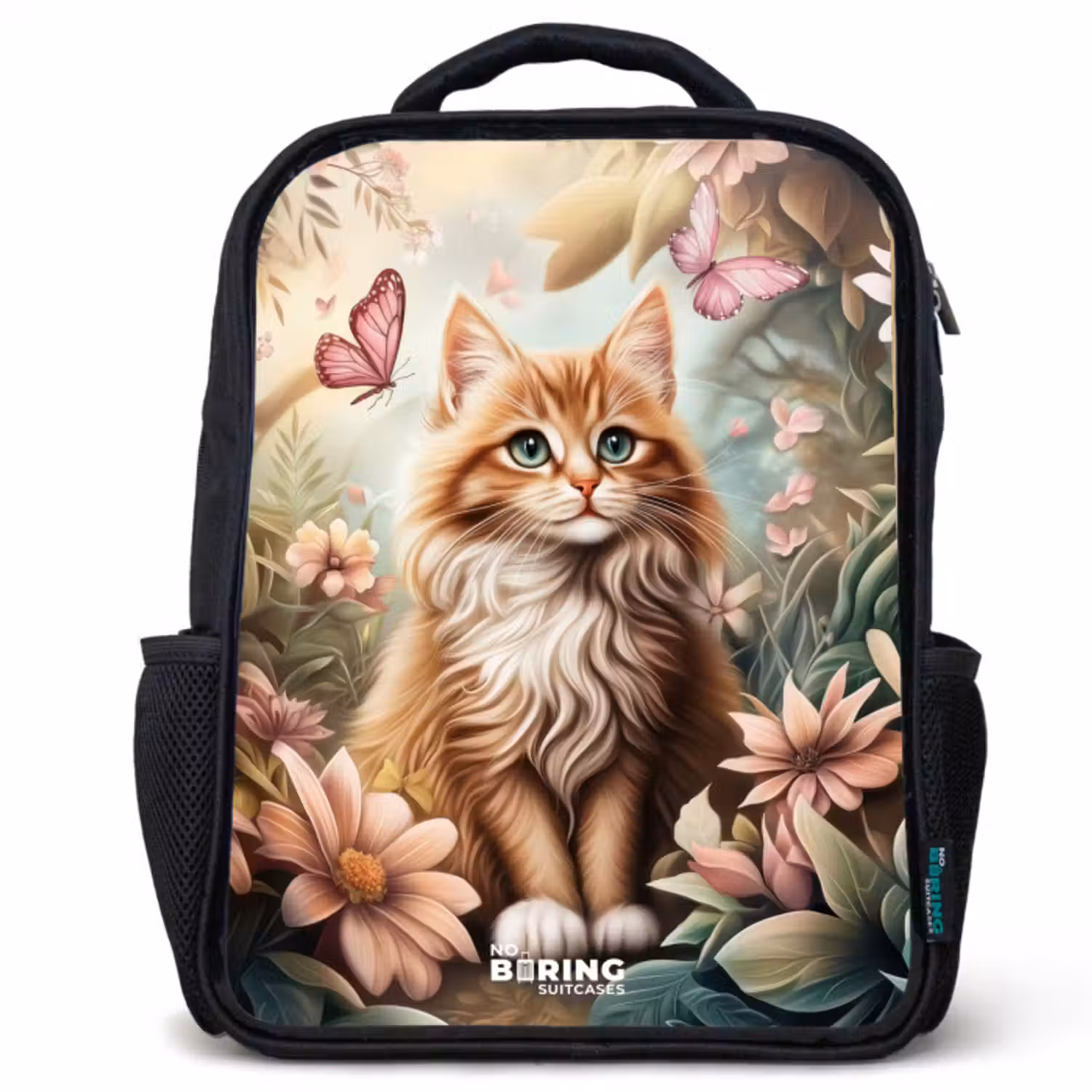 Kinder rugzak - Kat in bloemenveld met roze vlinders.