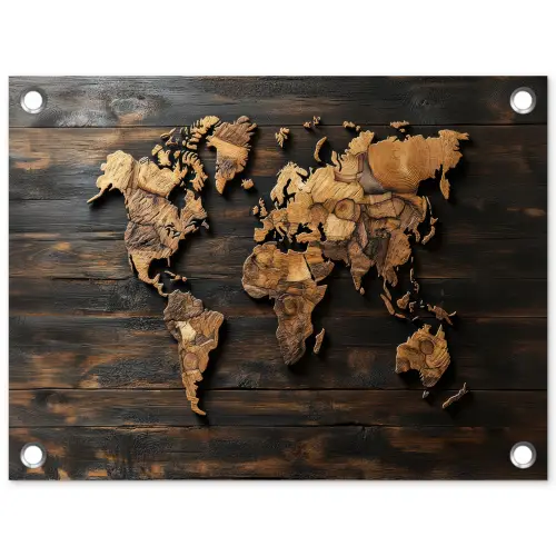 Wereldkaart -  Hout - Mozaïek tuinposter los doek klein -3d