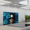 Vrouw - Bloemen - Blauw - Aesthetic - Luxe keuken achterwand spatscherm klein -3d_schuin