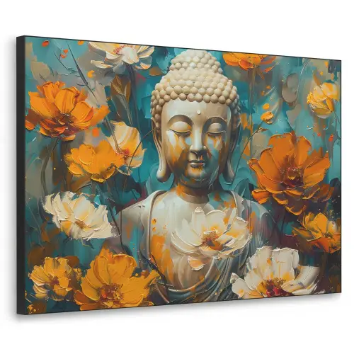 Buddha - Bloemen - Kleurrijk - Modern Textielframe - compleet frame klein -3d
