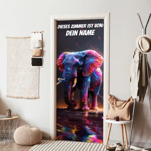Bunter Neon-Elefant mit Namensfeld. deurposter klein -sfeer6