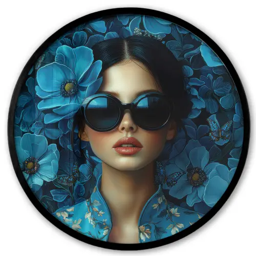 Vrouw - Bloemen - Blauw - Aesthetic - Luxe Fotolijst rond zonder passe partout klein -3d