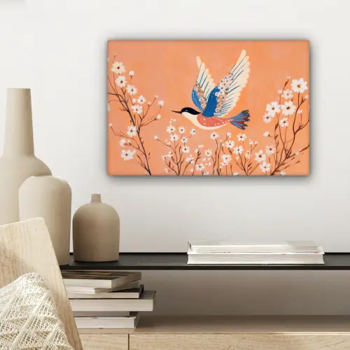 Vogel - Bloesemtakken - Warm - Kleurrijk canvas 2cm klein -sfeer6