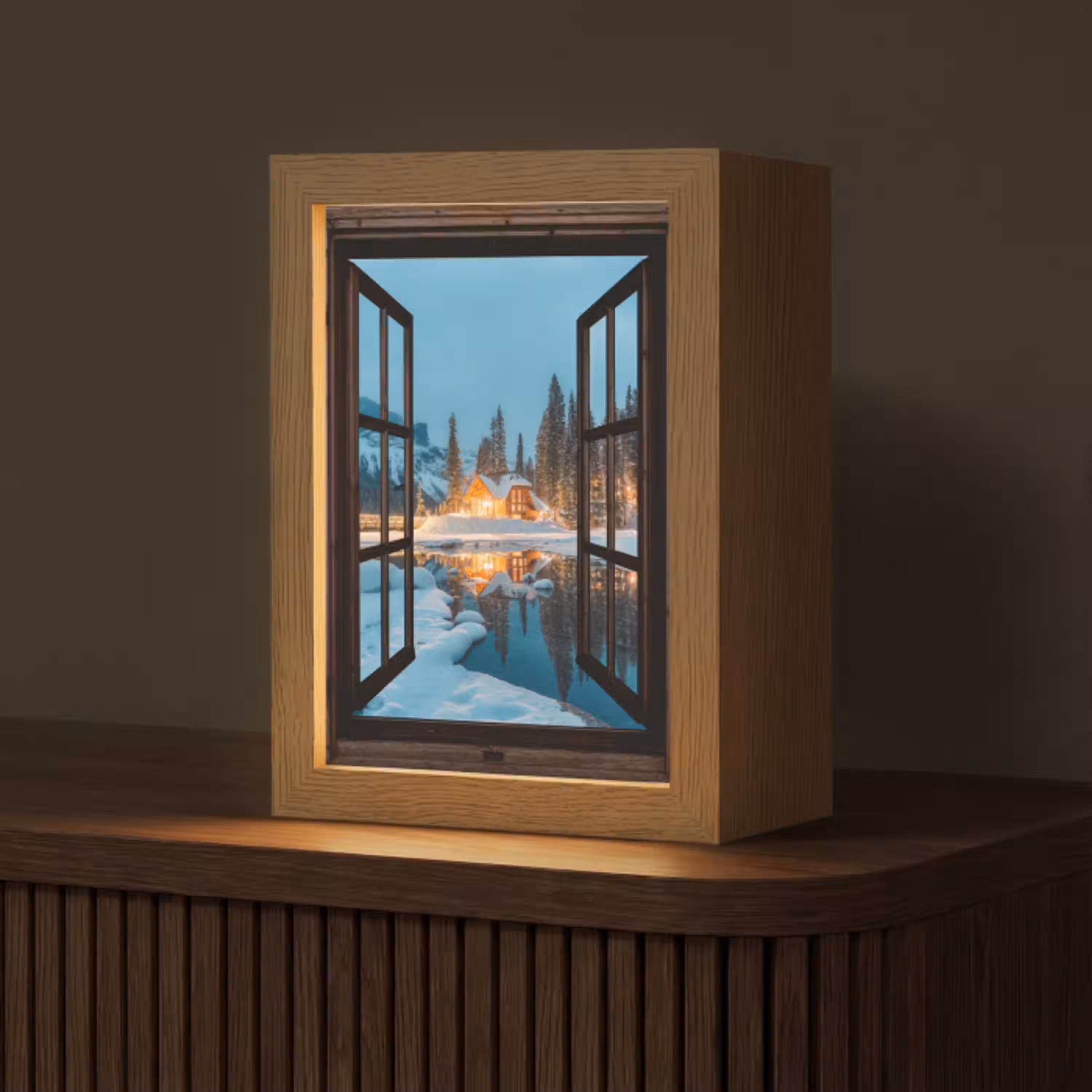 Doorkijk - Winter - Landschap - Natuur - Huis - Bergen Light Box met kabel (Tafellamp) klein -z3d_website