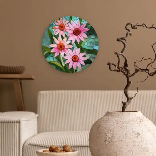 Bloemen - Roze - Glasmozaïek Wandcirkel kunststof plaat 5mm dik klein -sfeer1
