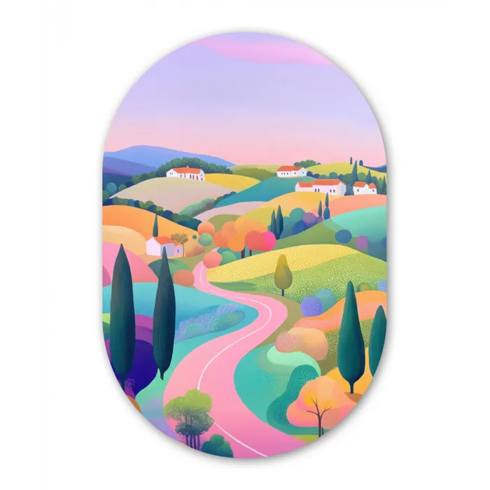 Landschap - Paars - Pastel - Huizen Wandcirkel Ovaal Glas middel -3d