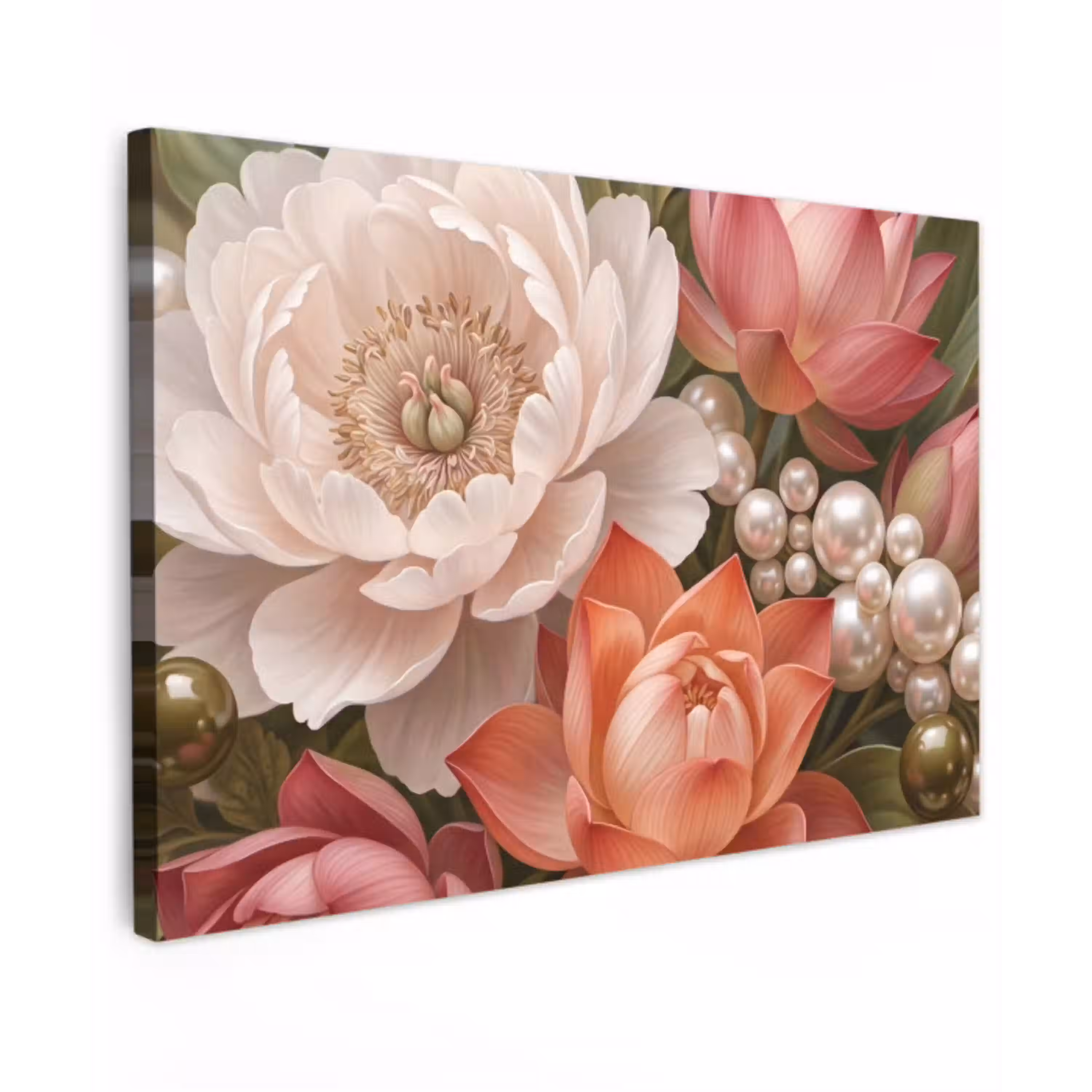 Bloemen - Parels - Elegant - Roze - Wit Tuinposter op houten frame 2 cm dik klein -3d
