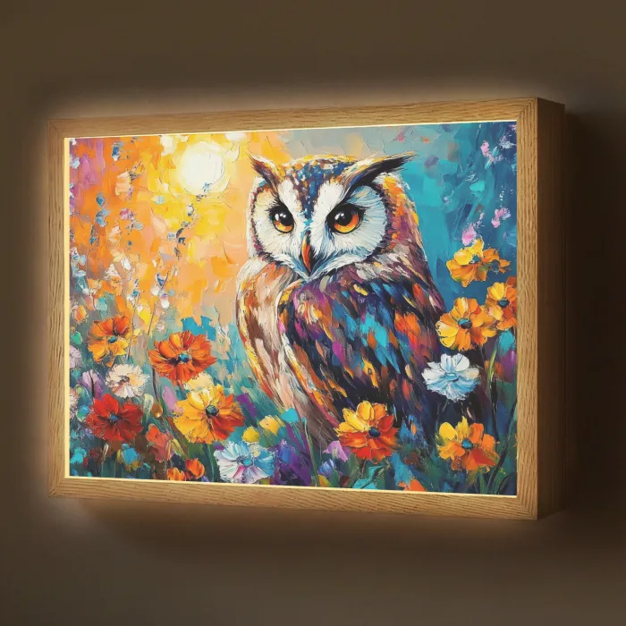Uil - Bloemen - Kunst - Zonsondergang Light Box met batterij (Wandlamp) middel -z3d_website