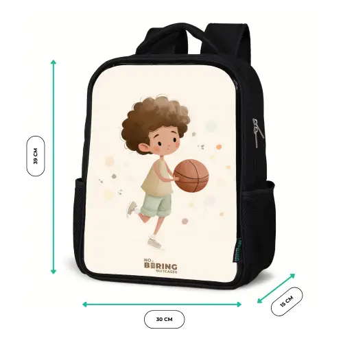 Jongen met een basketbal in beige kleuren Rugzak - Zwart middel -productfoto_formaten