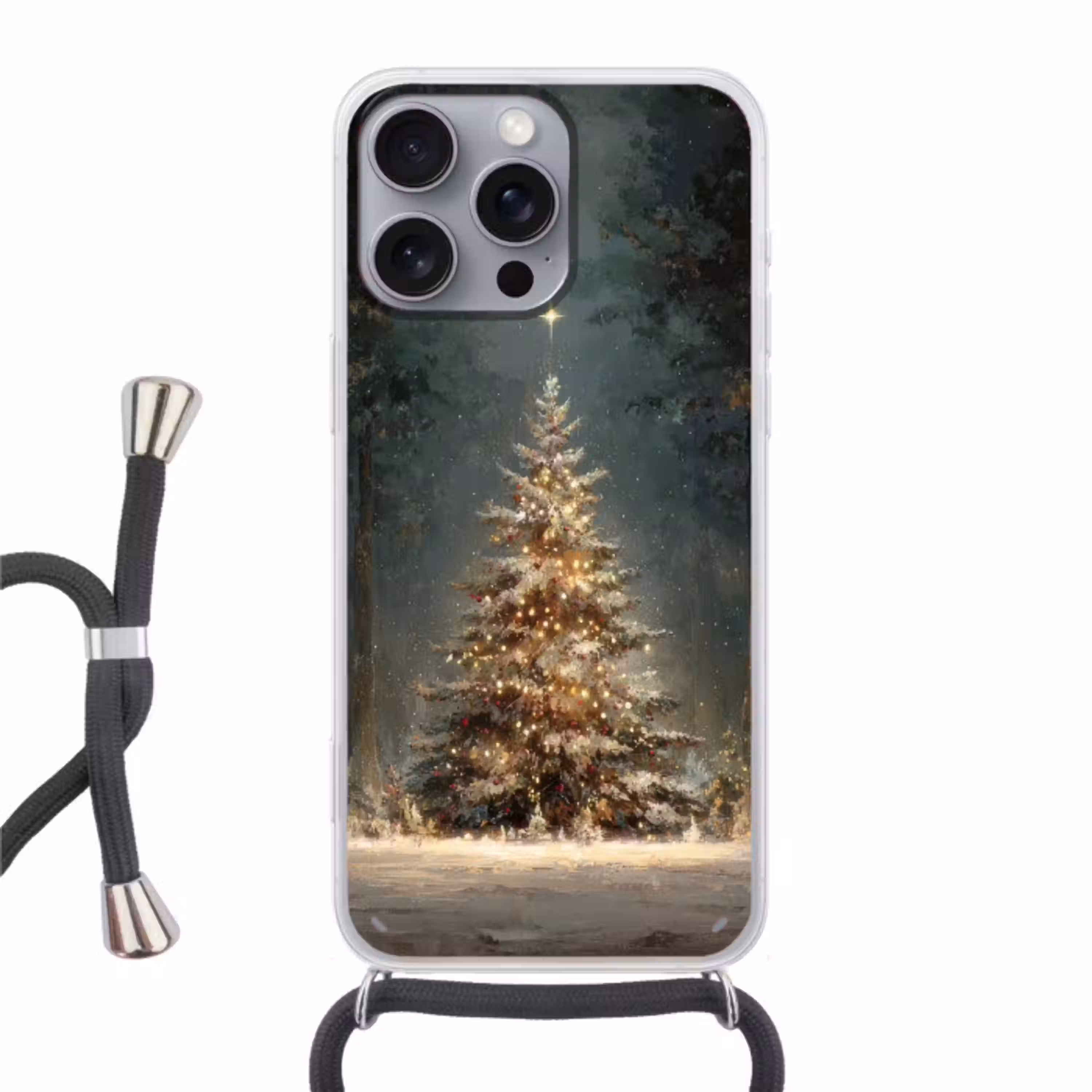 Kerstboom - Bos - Sneeuw - meerkleurig Hoesje iPhone 16 Pro Max met koord klein -3d