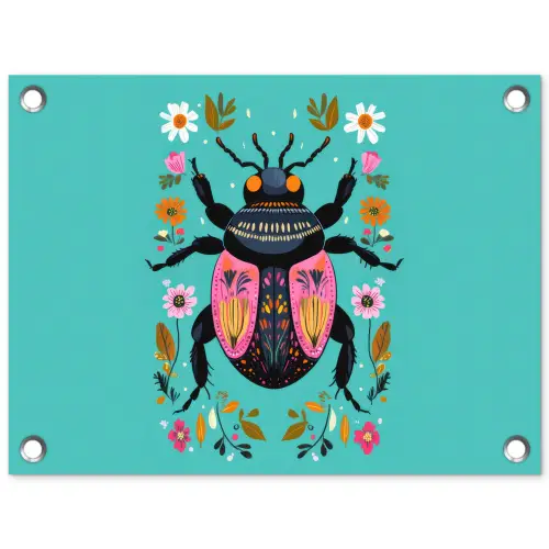 Kever - Bloemmotieven - Turquoise - Bladeren tuinposter los doek klein -3d