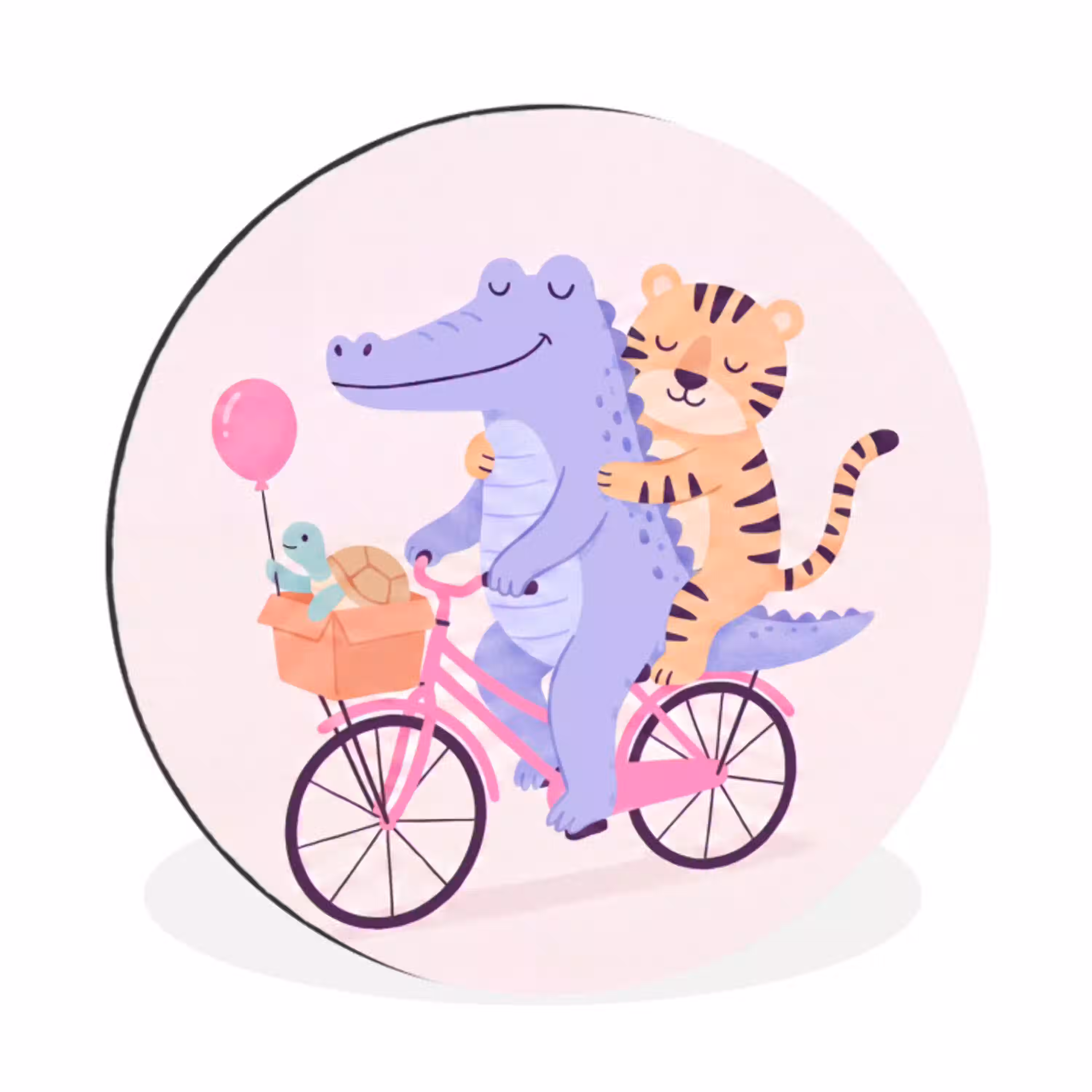 Dieren - Fiets - Vriendschap - Illustratie - Roze Wandcirkel aluminium klein -3d