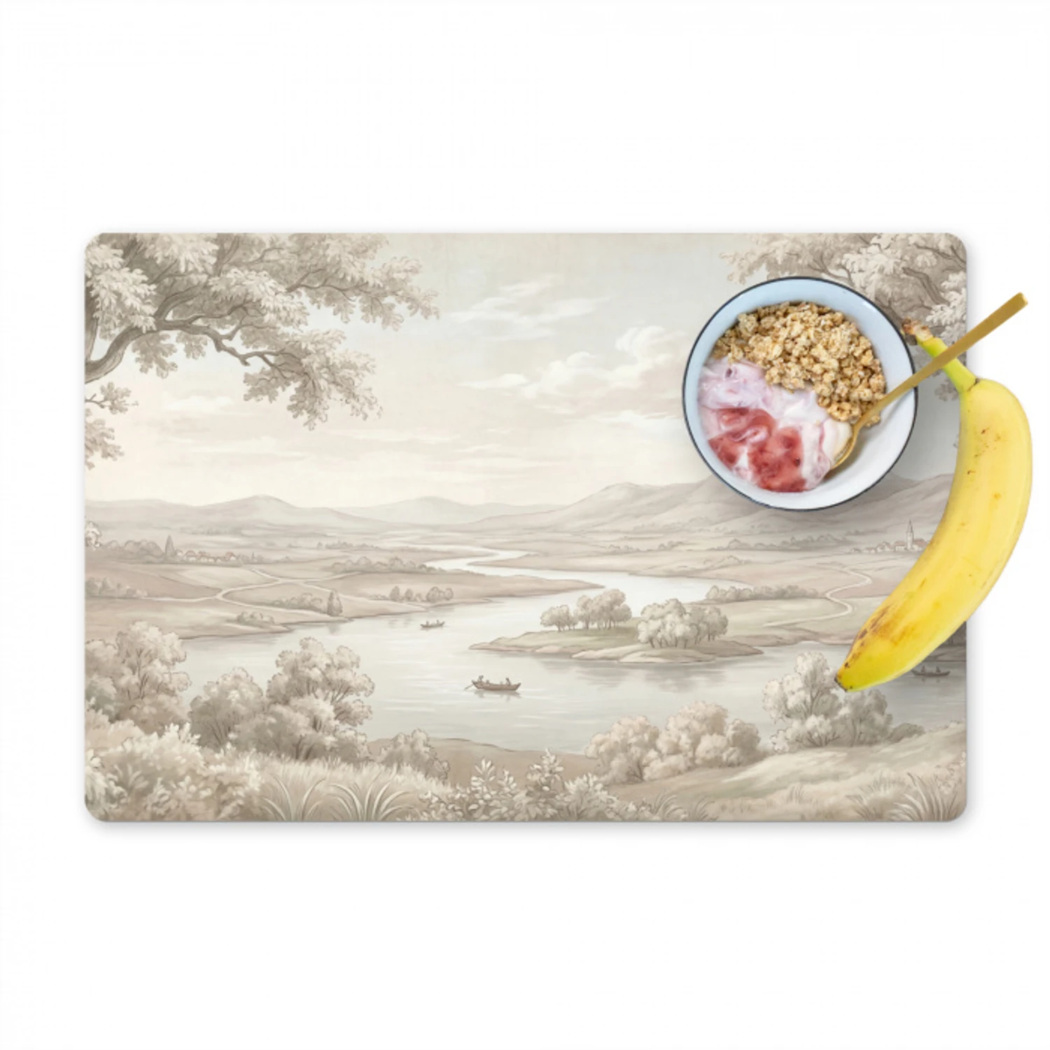 Rivierlandschap - Bergen - Natuur - Vintage - Beige Placemat vinyl groot -zzzproduct_Kitchenyeah-website