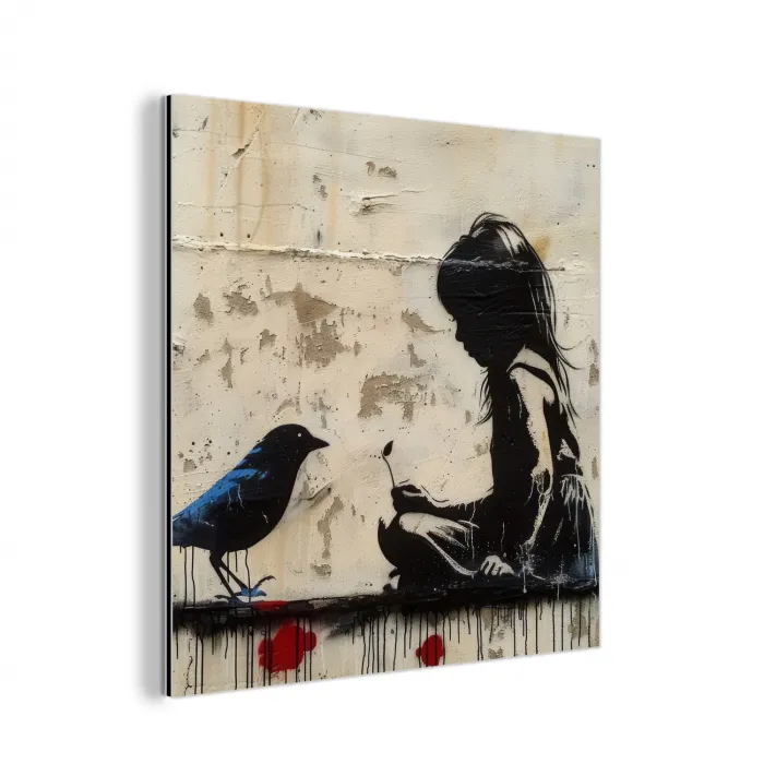 Street art - Meisje - Vogel - Graffiti - Banksy aluminium wit klein -3d