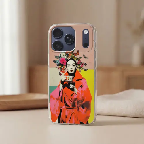 Retro - Vrouw - Kopje - Vlinders Telefoonhoesje iPhone 17 Pro klein -sfeer2