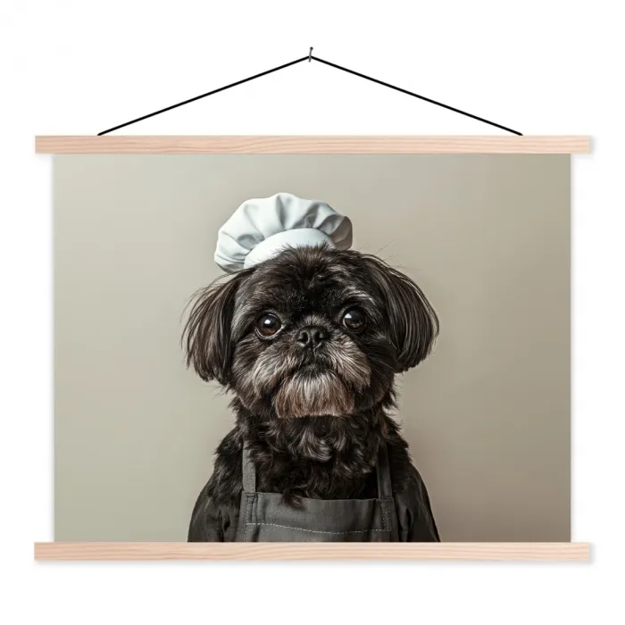 Kokskleding - Zwart - Hondje textielposter latten blank klein -3d