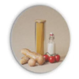 Spaghetti - Melk - Tomaten - Eieren - Brood Akoestische PET Vilt - Rond klein -3d