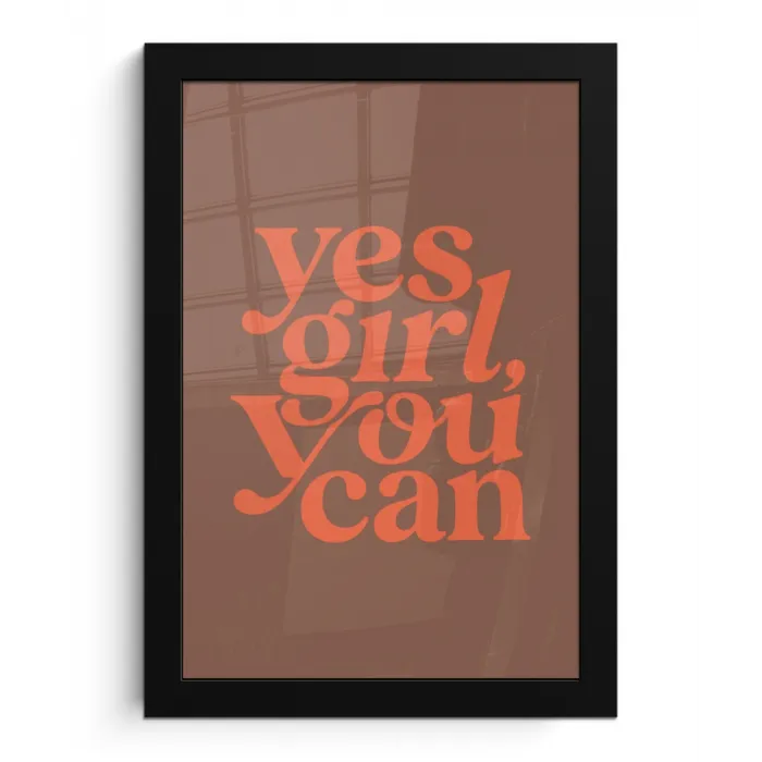 Yes girl you can - Oranje - Bruin fotolijst zwart zonder passe partout klein -3d