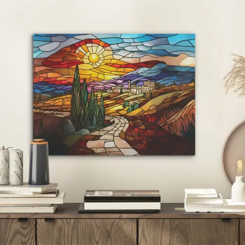 Mozaïek - Zon - Landschap - Dorp PET vilt klein -sfeer1