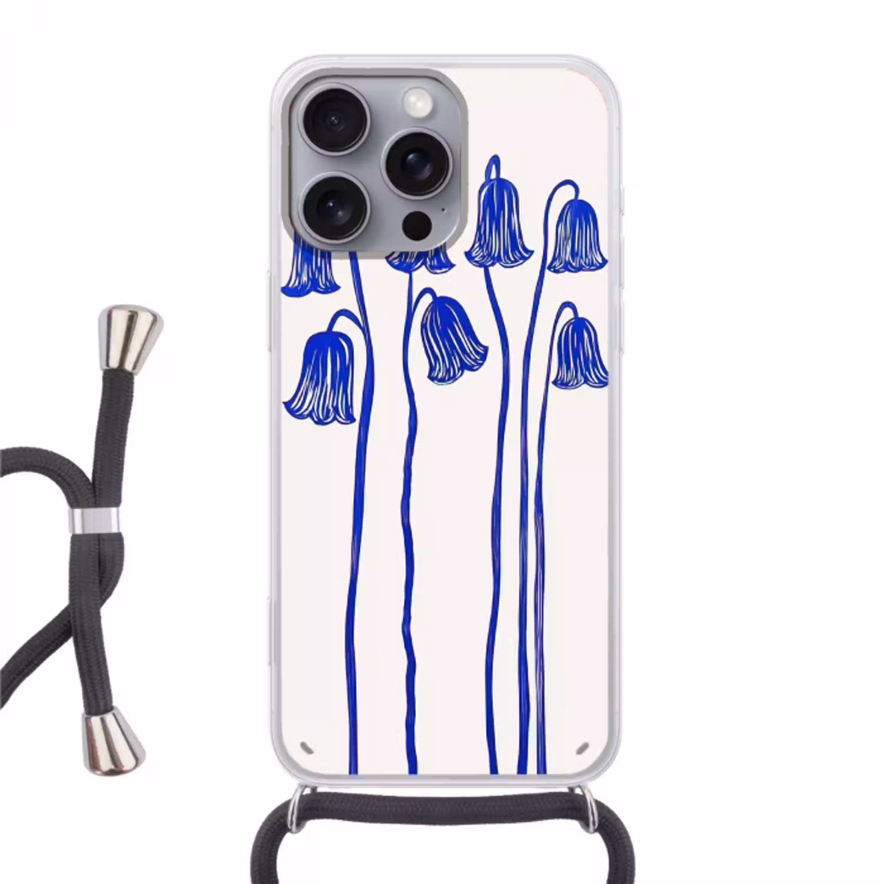 Bloemen - Blauw - Lijnen - Bloemblaadjes Hoesje iPhone 16 Pro Max met koord klein -3d