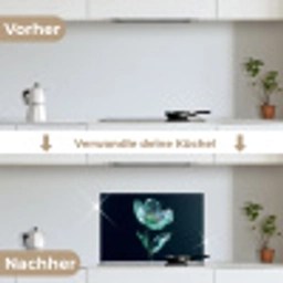 Bladeren - Bloem - Glazen - Donkerblauw keuken achterwand spatscherm klein -voor_na_DE
