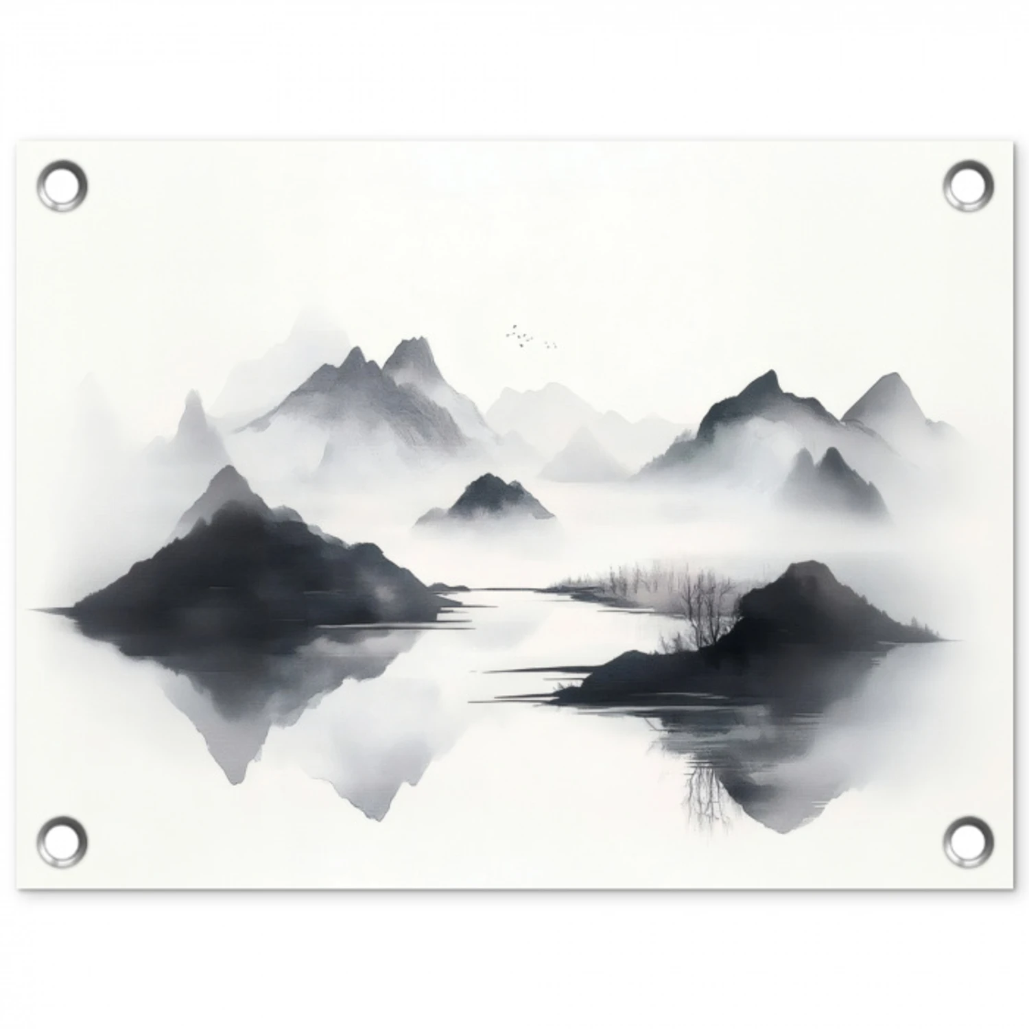 Bergen - Mistig - Water - Wit tuinposter los doek klein -3d