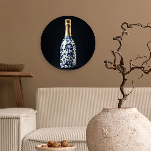 Champagne - Bloemen - Goud - Chique Wandcirkel kunststof plaat 5mm dik klein -sfeer1