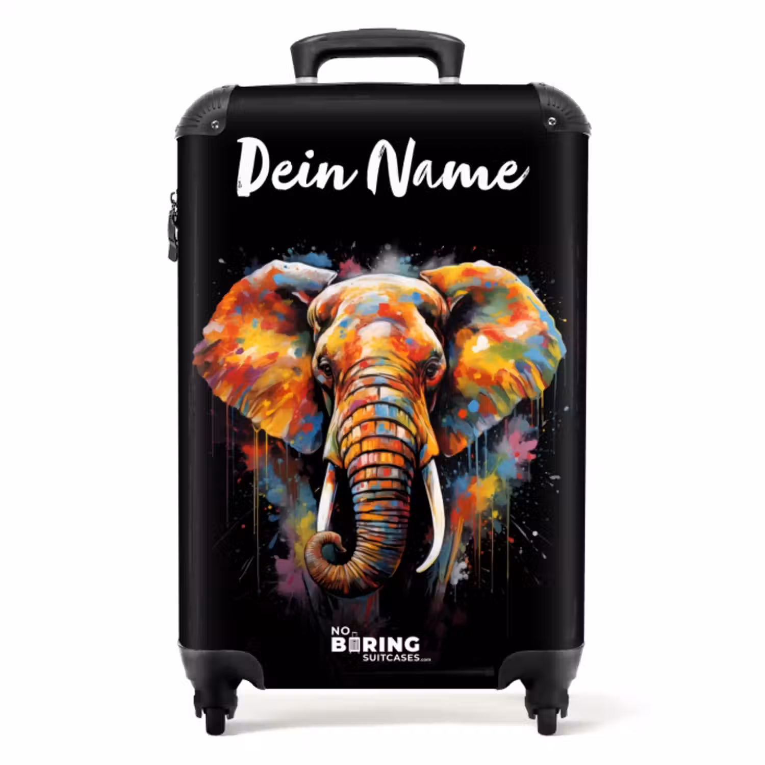 Koffer mit Name - Elefant mit bunten Spritzern verziert