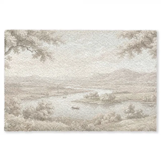 Teppich - Flusslandschaft - Berge - Natur - Vintage - Beige