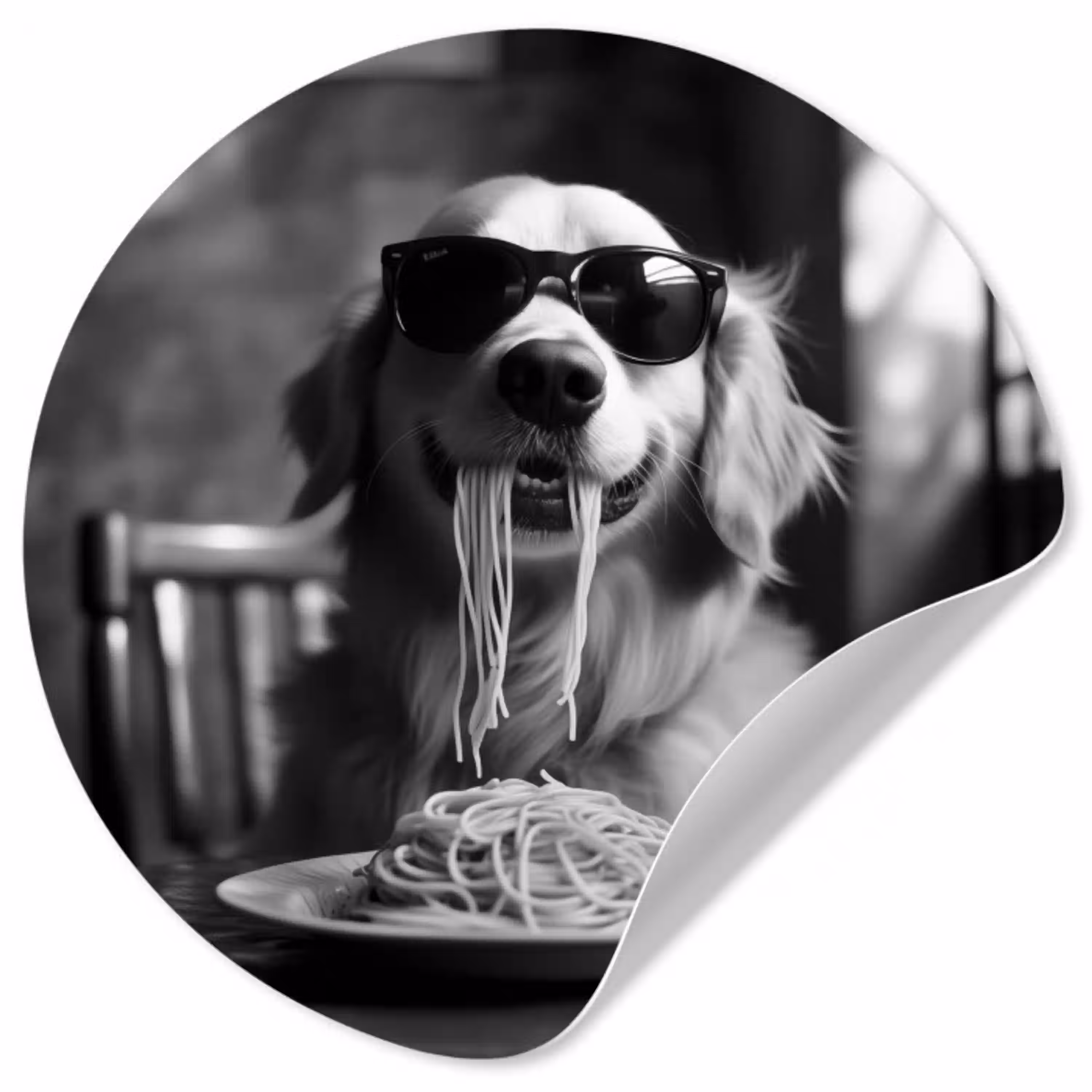 Golden Retriever - Hond - Vrolijk -  Bord spaghetti - Zwart - wit Wandcirkel behangsticker klein -3d