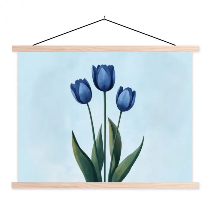 Tulpen - Blauw - Bladeren textielposter latten blank klein -3d