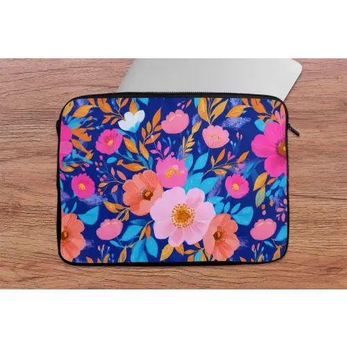 Bloemen - Blauw - Roze laptophoes neopreen klein -tafel
