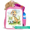 Dino met voetbal in kleurrijk veld Kinderrugzak - Roze middel -inhoud_NL