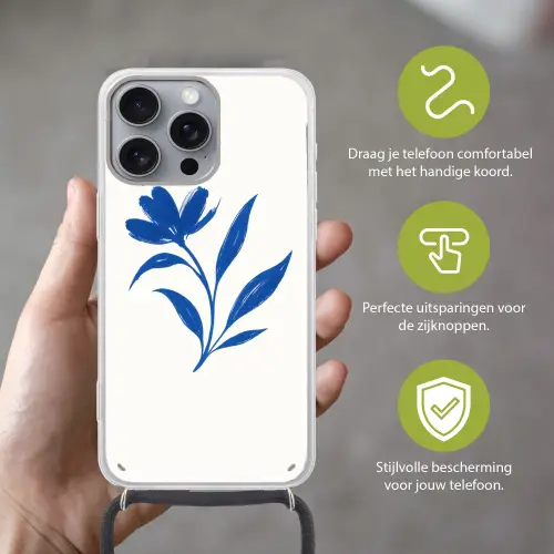 Bloem - Blaadjes - Minimalistisch - Blauw Hoesje iPhone 16 Pro Max met koord klein -sfeer2_NL